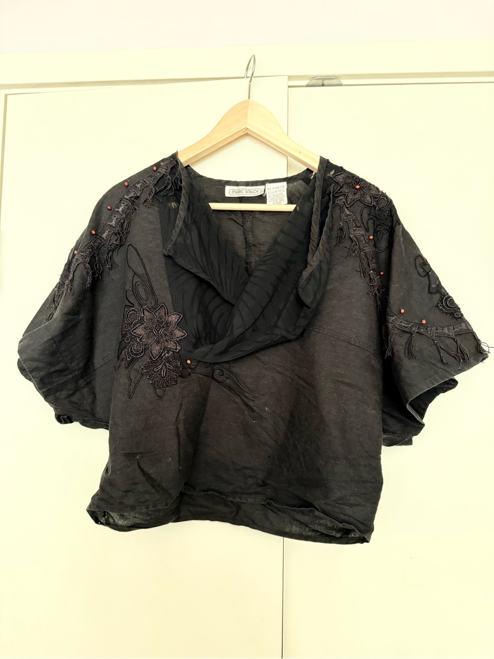 Vintage Whimsigoth Ramie Cotton Black Fringe Beaded V Wrap Top Avant Garde M 90s